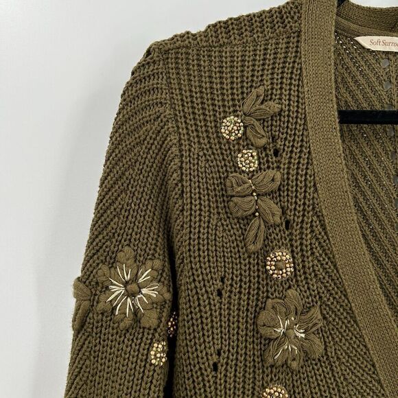 SOFT SURROUNDINGS Green Knit Embroidered Beaded Long Cardigan Sweater Medium - Picture 5 of 9